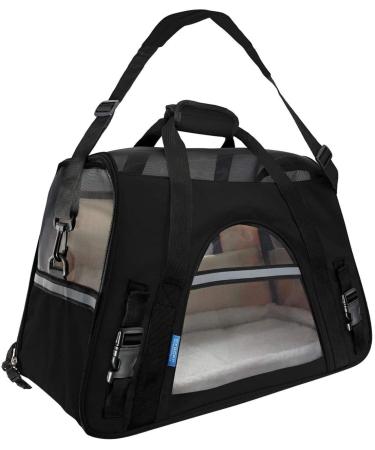 Airline Approved Pet Carrier - Soft-Sided Carriers for Small Medium Cats and Dogs Air-Plane Travel On-Board Under Seat Carrying Bag with Fleece Bolster Bed for Kitten Cat Puppy Dog Taxi Large Onyx Black