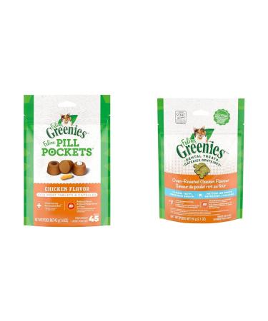 Feline GREENIES Pill Pockets Cat Treats Natural Dental Care Chicken Flavour (45 Treats) 1.6oz. Pack & Cat Treats Natural Dental Care Oven Roasted Chicken Flavour 2.1oz. Pouch