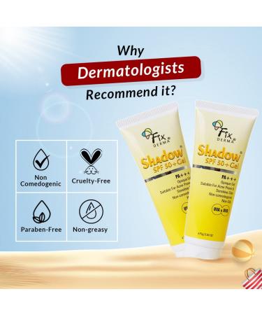 Fixderma Shadow SPF 50+ Gel | Titanium Dioxide & Zinc Oxide Sunscreen | Broad Spectrum UVA/UVB Protection | Water Resistant | 2.64 Oz - Buy Online on GoSupps.com