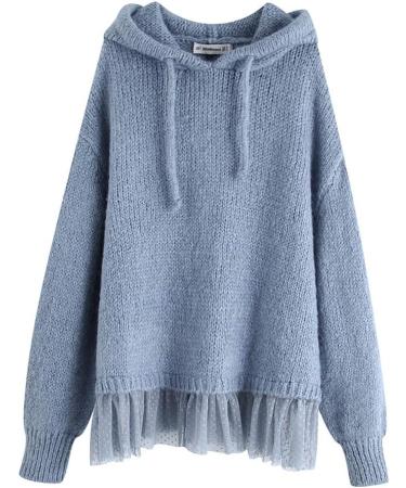 Bigfanshu Womens Hooded Patchwork Sweatshirts Fashion Solid Knitted Sweatshirt Elegant Long Sleeve Female Ladies Blue - Buy Online on GoSupps.com