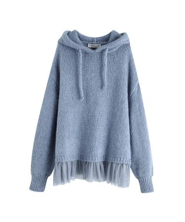 Bigfanshu Womens Hooded Patchwork Sweatshirts Fashion Solid Knitted Sweatshirt Elegant Long Sleeve Female Ladies Blue