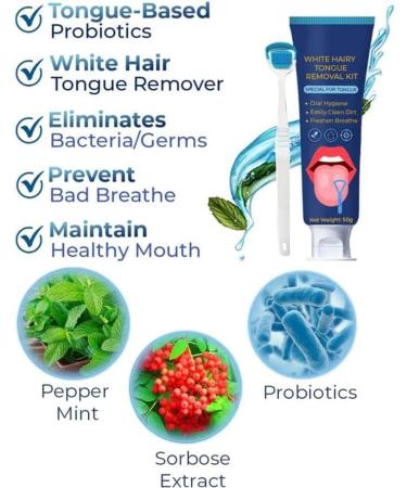 White Hairy Tongue Removal Kit - Tongue Scraper Cleaner Brush & Cleaning Gel for Fresh Breath (1pc) - Buy Online on GoSupps.com