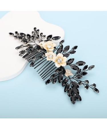 Kercisbeauty Ivory Rose Flower Black Crystals Beads Hair Comb Side Headpiece for Wedding Brides Women Girls Dancing Ball Prom Halloween Jewelry - Buy Online on GoSupps.com