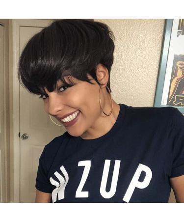 Short Hair Pixie Cut Wigs with Bangs Natural Black Short Wigs for Women Cute Short Pixie Wigs Straight Slight Layered Wavy Synthetic Full Machine Wigs (1B# Black)