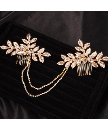 Dainty Bridal Gold Leaf Hair Comb Headband with Crystals and Pearls - Buy Online on GoSupps.com