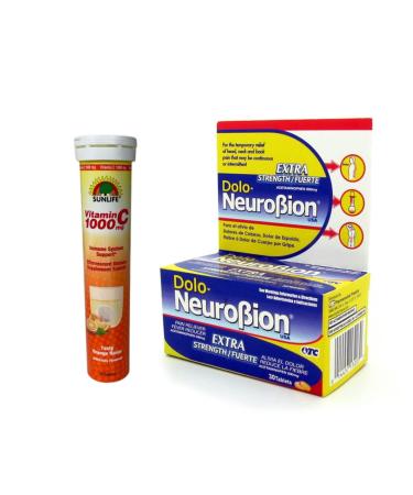 Neurobion Dolo Pain Reliever Fever Reducer Extra Strength 60 Tablets. + Sunlife Vitamin C 1000 mg Orange Flavor Support 20 Tablets Dolo Neurobion + Sunlife Vitamin C