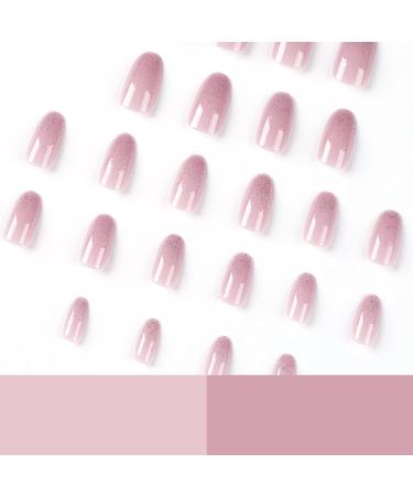 Glitter Pink Almond False Nails - 24Pcs French Press on Nails with Jelly Glue - Glossy Oval Fake Nails Tips for Women's Nail Art - Buy Online on GoSupps.com