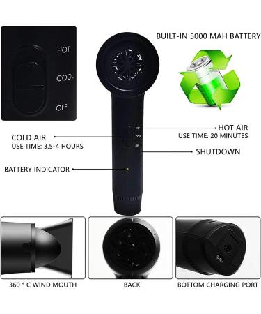 Hair Dryer w/Hot & Cold Wind 5000mAh Rechargeable Blow Dryer Hair Dryer for Travel School Pet Care Hairdressing Oil Painting Drying Tools - Buy Online on GoSupps.com