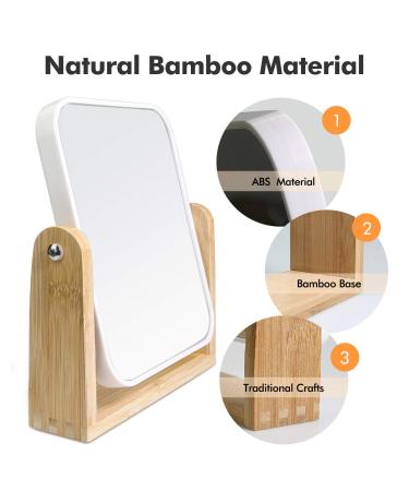 Square White Vanity Makeup Mirror - 1x/3x Magnification, Double Sided 360 Rotation, Portable Tabletop Design with Bamboo Stand - Small Standing Mirror for Desk - Buy Online on GoSupps.com