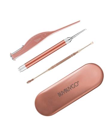 Earwax Spoon Digger & Ear Tweezers with LED Light Ear Wax Removal Tool for Kids & Family Ear Pick Cleaner Kit for Ear Health Care Bonus Stainless Steel Ear Pick & Carry Case (Rose Gold)
