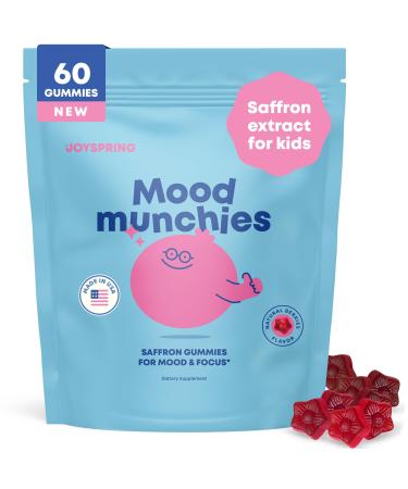 JoySpring Mood Munchies Saffron Gummies for Kids 4+ | Saffron Extract Supplement with GABA Passion Flower & St Johns Wort | Sugar Free Vegan Brain Support & Kids Focus Gummies | Crafted in USA Strawberries 60 Gummies (Pack