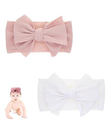 Baby Headbands 2 Pack Headbands Baby Girls Bow Elastic Headband Soft and Cute Children Headband White Pink