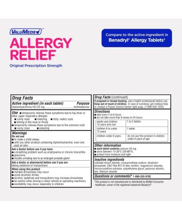ValuMeds Allergy Medicine - 600 Tablets, Antihistamine Diphenhydramine HCl 25mg - Relief for Children and Adults, Itchy Eyes, Runny Nose, Sneezing - Buy Online on GoSupps.com