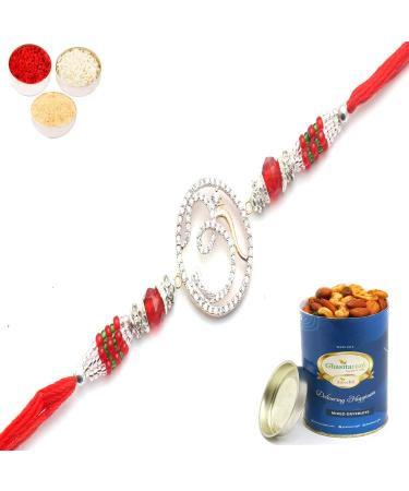 Ghasitaram Gifts Rakhi for Brother Rakhis Online - The Divine Grace of Om Diamond Rakhi with 100 GMS of Dryfruits Mix Can