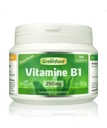 Greenfood Vitamin B1, 250 mg, high dose, 180 tablets - for normal psychological functions, normal energy metabolism. No artificial additives. No genetic engineering. Vegan.