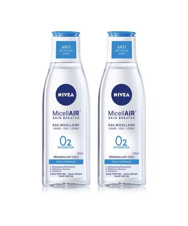 NIVEA MicellAIR SKIN BREATHE Micellar Water Normal Skin (2 x 200 ml), 3 in 1 make-up remover without fragrance or dye, face, eye & lip cleanser