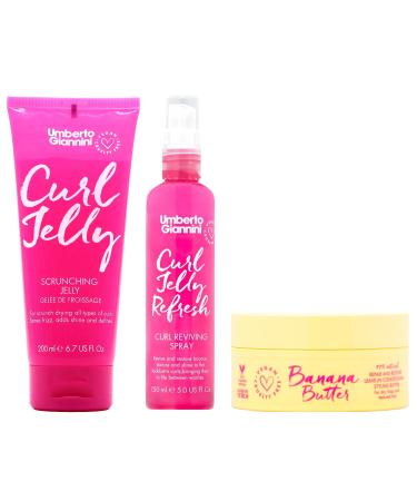 Umberto Giannini Curl Jelly Scrunching Frizz Solution Gel & Coily Banana Butter Repair Restore Leave-in Conditioner Refresh - Refreshing Styling Spray Vegan Cruelty Free 3 Piece Set