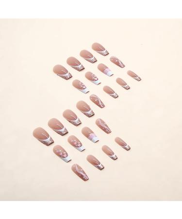 IMSOHOT Coffin Press on Nails - Long Acrylic French Ballerina False Nails | Glossy Full Cover Nude Glitter with Pink Heart Designs - 24PCS - Buy Online on GoSupps.com