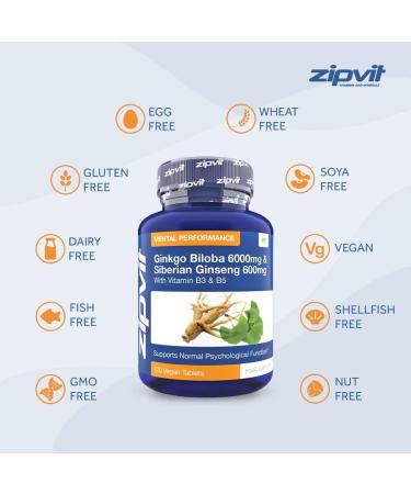 Zipvit Ginkgo Biloba & Siberian Ginseng 6000mg + 600mg with Vitamins B3 & B5 - 120 Vegan Tablets for Focus & Energy | 4 Months Supply - Buy Online on GoSupps.com