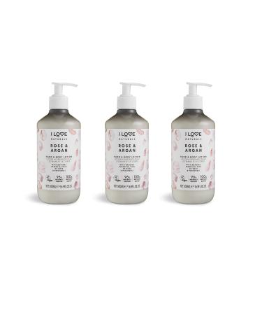 I LOVE Naturals Rose & Argan Lait Corps & Mains Nourrissant Hydratant V gan aux Huiles Essentielles de Rose & Patchouli Beurre de Karit Flacon 100% Recycl Soin Douceur pour Peau Lisse 3x 500ml