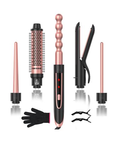 5 in 1 Curling Iron Curling Wand Set with Hair Straightener Curling Brush & 3 Interchangeable Ceramic Curling Wand(0.35"-1") Fast Heat Hair Wand Curler Include Glove & 2 Clips for Girls Women Gift