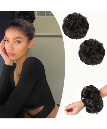 Black Messy Bun Hair Pieces for Women 2PCS Messy Bun Scrunchie Hair Bun Extensions Wavy Curly Messy Thick Hair Piece Scrunchies Tousled Updo Curly Bun Extension Synthetic Chignon Messy Bun Hair Piece for Girls(1B# Natural …