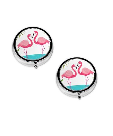 Palm Leaf and Flamingos Couple Printed Mini Round Pill Box Pill Box 3 Compartment Medicine Pill Case Pill Organizer Travel Pillbox Portable Pill Box for Pocket Home Office Use