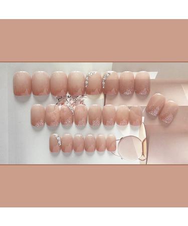 Glossy Nude Pink Short Round Press on Nails with Rhinestone Designs - Women & Girls - Buy Online on GoSupps.com