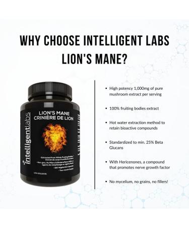 Lion s Mane Mushroom Capsules by Intelligent Labs Extracted from The Fruiting Bodies of Hericium Erinaceus Minimum 25% Beta Glucans No Grain Fillers 2-Month Supply - Buy Online on GoSupps.com