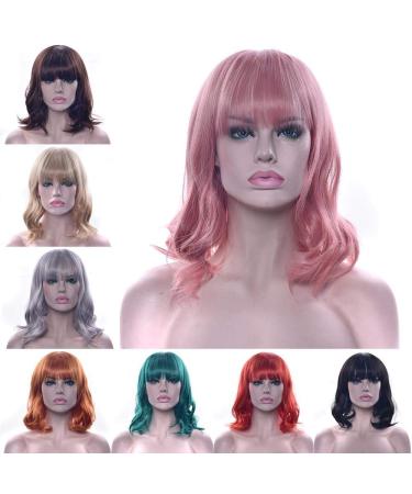 LFMDJF 10 Colors Short Curly Synthetic Wigs - 14 Hairpiece for Women | High Temperature Fiber Pink Black Brown Red - Buy Online on GoSupps.com