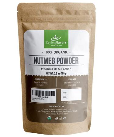Organic Nutmeg Powder (3.5 oz), Premium Grade, Harvested & Packed from a USDA Certified Organic Farm in Sri Lanka (stand up resealable pouch) 3.5 Ounce (Pack of 1)