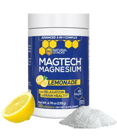 Magtein Magnesium L-Threonate Glycinate & Taurate - MagTech Magnesium Powder - Sugar Free Lemonade Drink - 200mg Chelated Triple Complex - Supports Relaxation & Brain Health* - 30 Servings Lemonade Tub