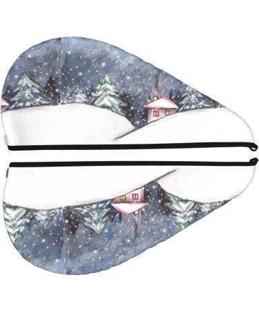 Hair Towel Wrap - Quick Drying Hair Turban with Button | Watercolor Winter Landscape Design for Christmas | Ideal for Fast and Easy Hair Drying - Buy Online on GoSupps.com