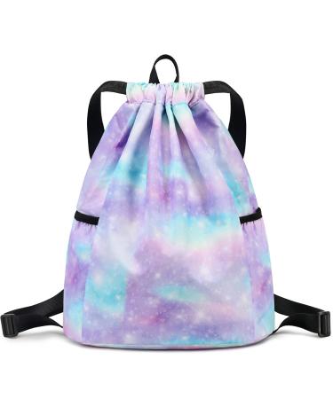 Ryushoyo Rainbow Galaxy Drawstring Backpack String Bag Lightweight Gym Bag Sackpack Sports Backpack for Women Girls Gym Shopping Sport Yoga Blue Purple Galaxy Blue Purple Medium