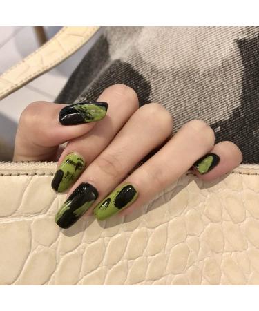 Sethexy long coffin false fingernails black ballerina false nails green glossy nails glue 24st acrylic art you press on nail tips for women and girls