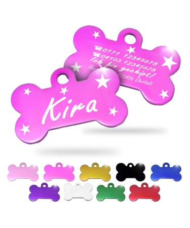 Ibera Gifts - Personalized pendants for medium -sized to large to large dogs and cats in bone shape - engraving dog brand collar dog neck band Name personalized dog (pink stars) stars pink