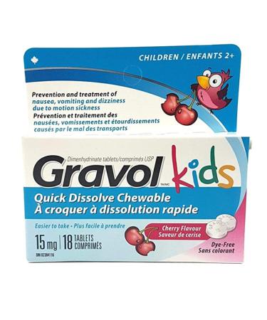 GRAVOL Children's 18 Quick Dissolve CHERRY Chewable Tablets for Anti-Vomiting/Nausea Dye Free