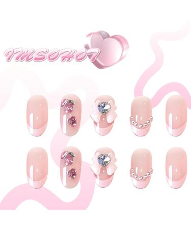 IMSOHOT Oval Press on Nails - Pink Short French Tips with Bow Tie Charms & Rhinestones - 24Pcs Acrylic False Nails for Women & Girls - Buy Online on GoSupps.com