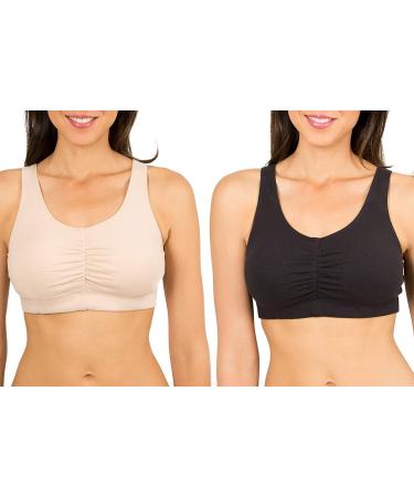 Fruit of the Loom Women's Shirred Front Sport Bra With Removable Pads, 2-Pack 44 Sand/Black
