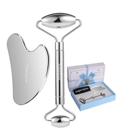 Supergiant Stainless Steel Face Roller and Gua Sha Set Facial Roller Massager Skin Care Roller Tools for Face Eyes Neck  Relieve Fine Lines and Wrinkles with Travel Pouch Silver