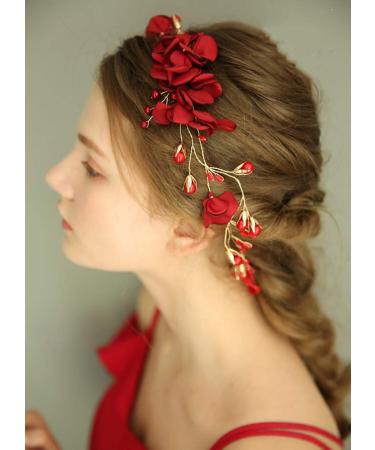 Floral Red Headband Crystal Gold Hair Vine for Wedding Bride - Boho Hair Accessory with Pearl Rhinestone Detailing - Buy Online on GoSupps.com