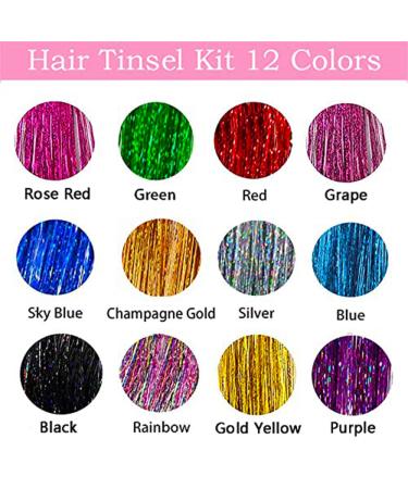 Hair Tinsel Kit - 12 Colors, 2600 Strands, Heat Resistant Fairy Hair Glitter Extensions - Buy Online on GoSupps.com