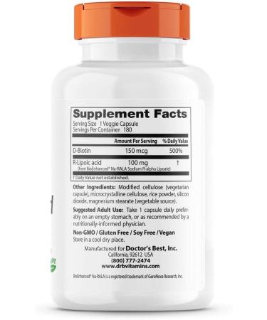 Doctor's Best Stabilized R-Lipoic Acid 100 mg - BioEnhanced Na-RALA | 180 Veggie Caps - Buy Online on GoSupps.com