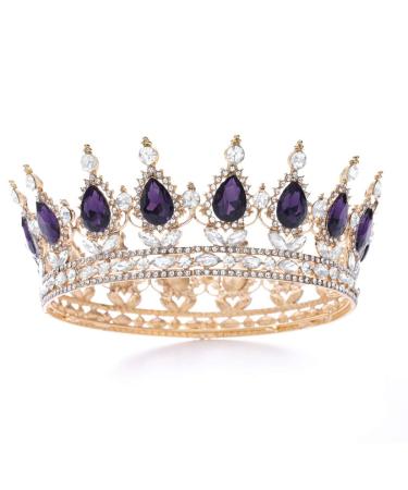 Foyte Baroque Queen Crown and Tiaras Sparkly Rhinestone Wedding Crown Bride Tiaras Princess Full Round Tiaras Headpieces for Women and Girls (Purple)
