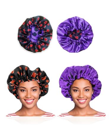 Double Layer Reversible Anime Bonnet for Men and Women - Comfortable Satin Silk Fabric with Elastic Soft Band  Akat Purple Black Akat Purple Duo