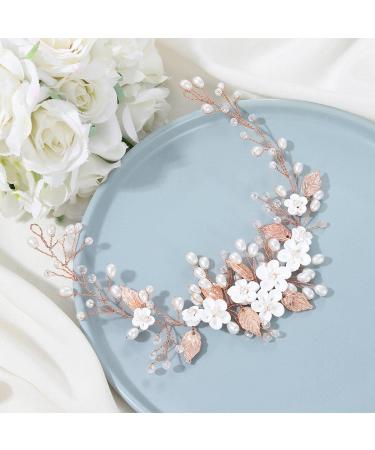 Vakkey Rose Gold Wedding Flower Hair Vine Headband | Bridal Leaf Headdress & Pearl Jewelry for Women & Bridesmaids - Buy Online on GoSupps.com