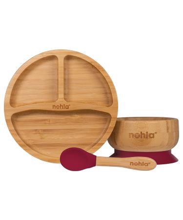 nohla - Bamboo Baby & Toddler Suction Plate Bowl & Silicone Spoon Weaning Set - Suction Ring for Secure Grip on Smooth Surfaces - Eco-Friendly BPA-Free - Cherry Cherry Set