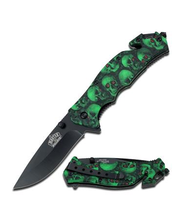 Master USA MU-A001 Series Spring Assist Folding Knife, Black Blade, 4-1/2-Inch Closed Green Skull Camo