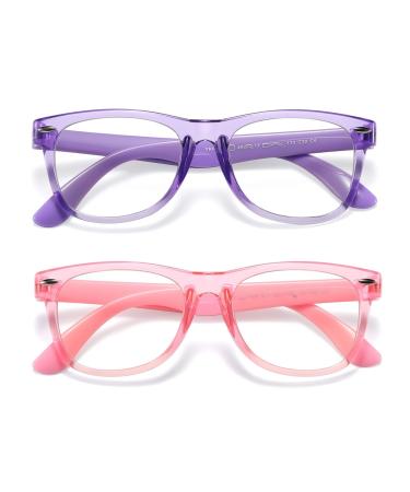 Kids Blue Light Blocking Glasses Girls Boys 2 Pack, Computer Glasses for Kids Girls Boys Age 3-10,Anti Blue Light & Headache (Transparent Purple + Transparent Pink) Transparent Pink+transparent Purple