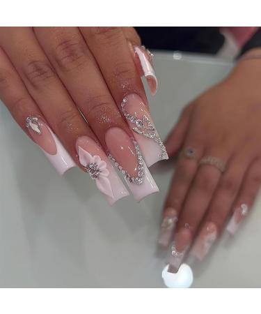 French Tip Press On Nails - Long Square Glossy Nude Fake Nails with 3D Rhinestones & Flower Butterfly Charms - 24pcs for Women & Girls - Buy Online on GoSupps.com